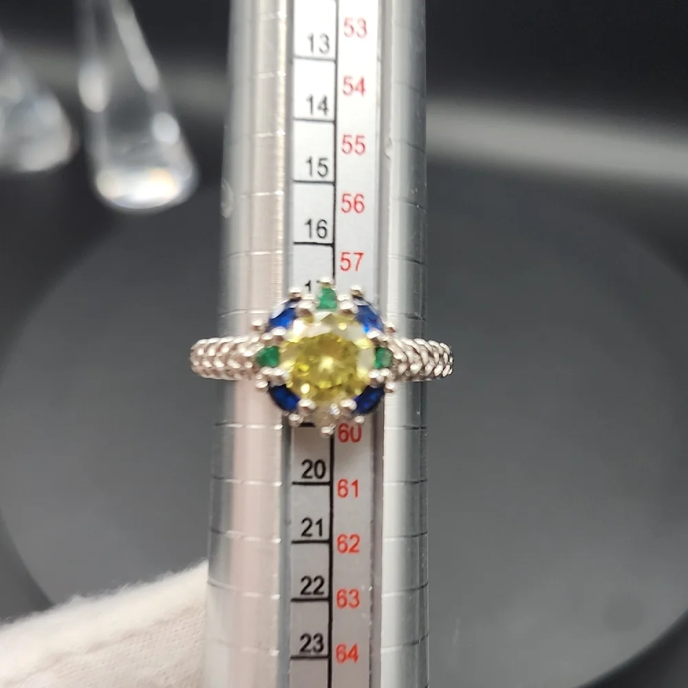 Elegant Silver Ring with Yellow and Blue Stones